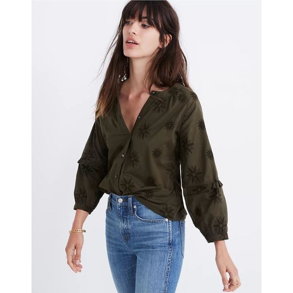 Madewell Tops - Madewell Embroidered Bubble Sleeve Shirt Size XS